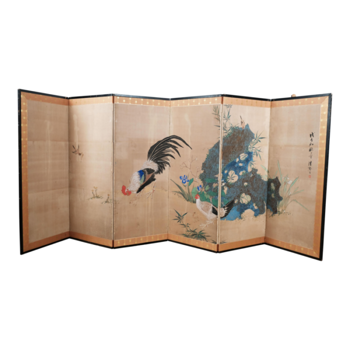 japanese 6 panel byobu rooster hen and sparrows folding divider screen late 19th century 7318