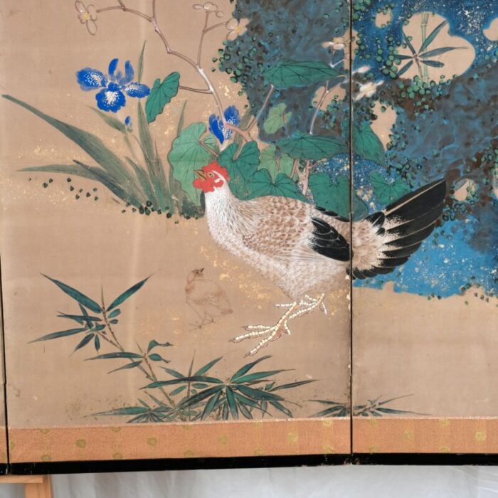 japanese 6 panel byobu rooster hen and sparrows folding divider screen late 19th century 7566