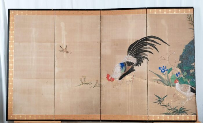 japanese 6 panel byobu rooster hen and sparrows folding divider screen late 19th century 8276