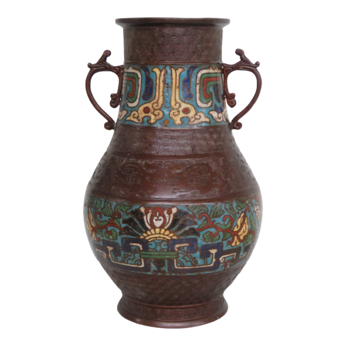 japanese bronze enamel cloisonne vase handled made in japan 1244