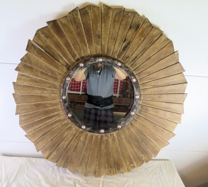 large french mid century sun ray style wooden plank naturally distressed mirror 0972