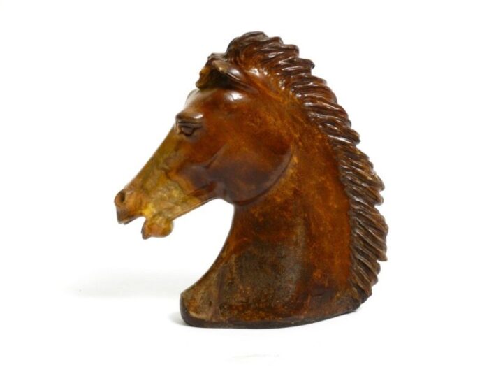 large horse head sculpture in brown soapstone 1960s 1