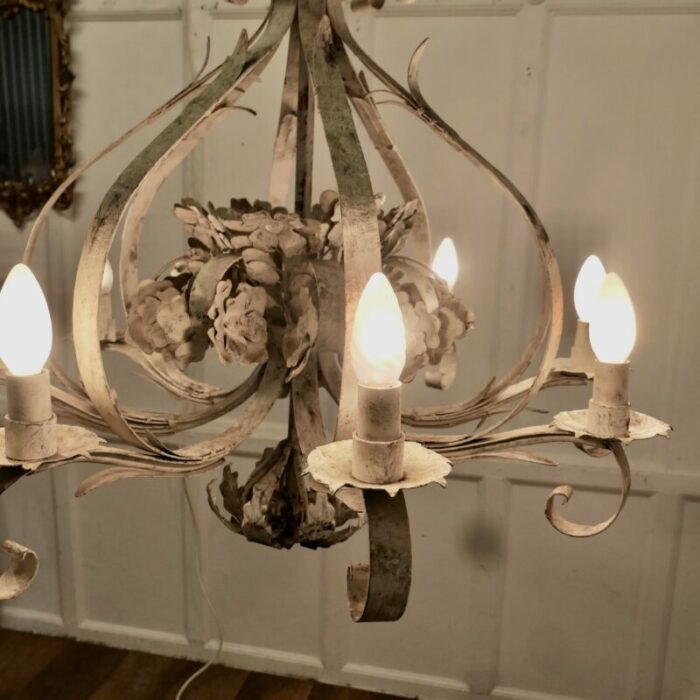 large italian 8 branch open ceiling chandelier in distressed white 1970s 4928