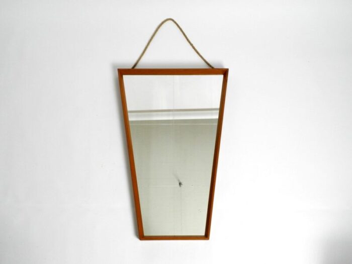 large mid century wall mirror in trapezoidal shape with cherry wood frame 1950s 1