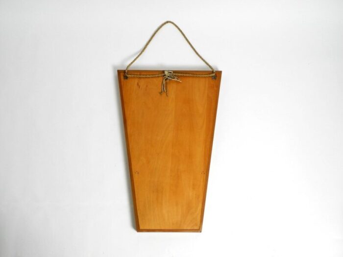 large mid century wall mirror in trapezoidal shape with cherry wood frame 1950s 10