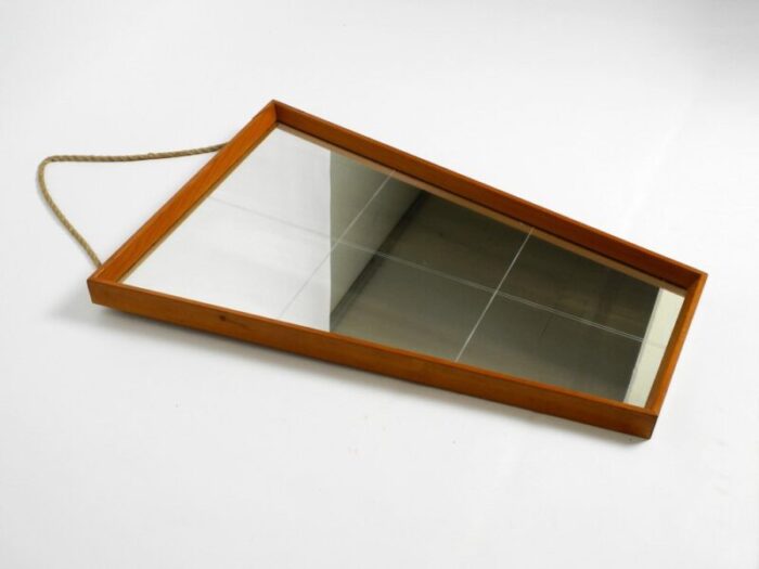 large mid century wall mirror in trapezoidal shape with cherry wood frame 1950s 2