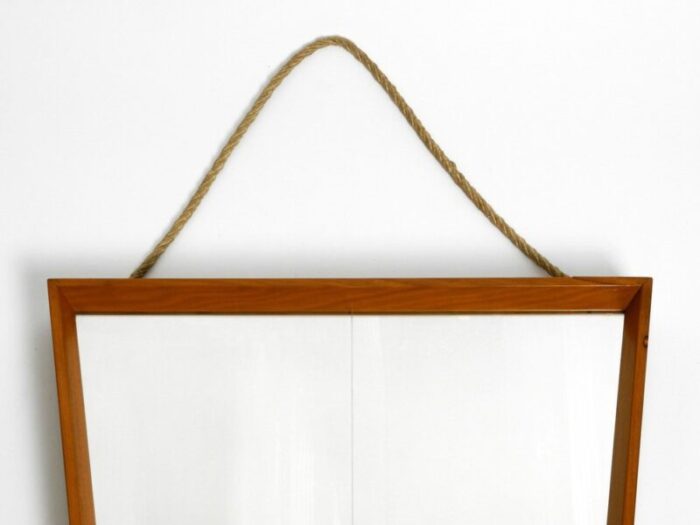 large mid century wall mirror in trapezoidal shape with cherry wood frame 1950s 7