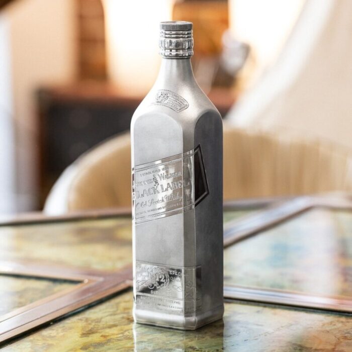 large novelty silver whisky bottle from johnnie walker 1960s 2