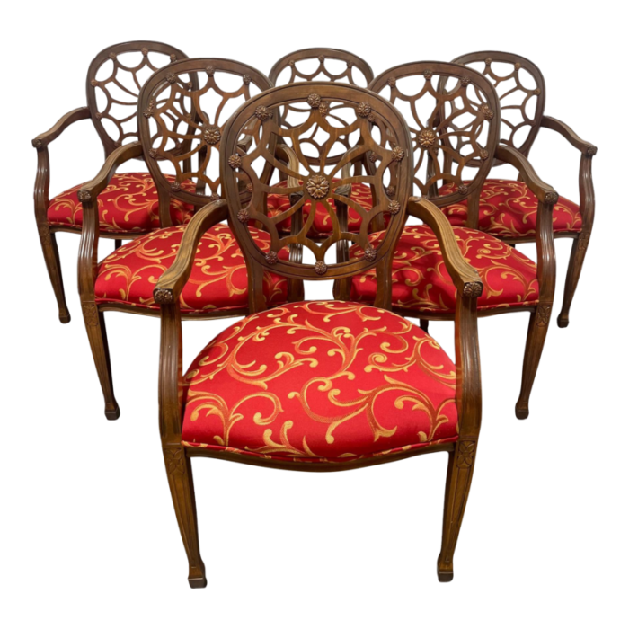 late 20th century french carved walnut oval back spider web dining arm chairs set of 6 9962