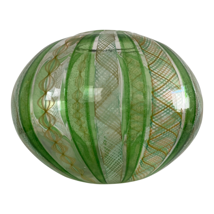 late 20th century handblown art glass vase in green and gold stripe and plaid design 5279