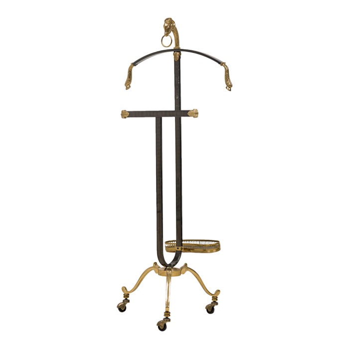 maison jansen french mid century black enameled steel and brass valet with ram head accents 0676