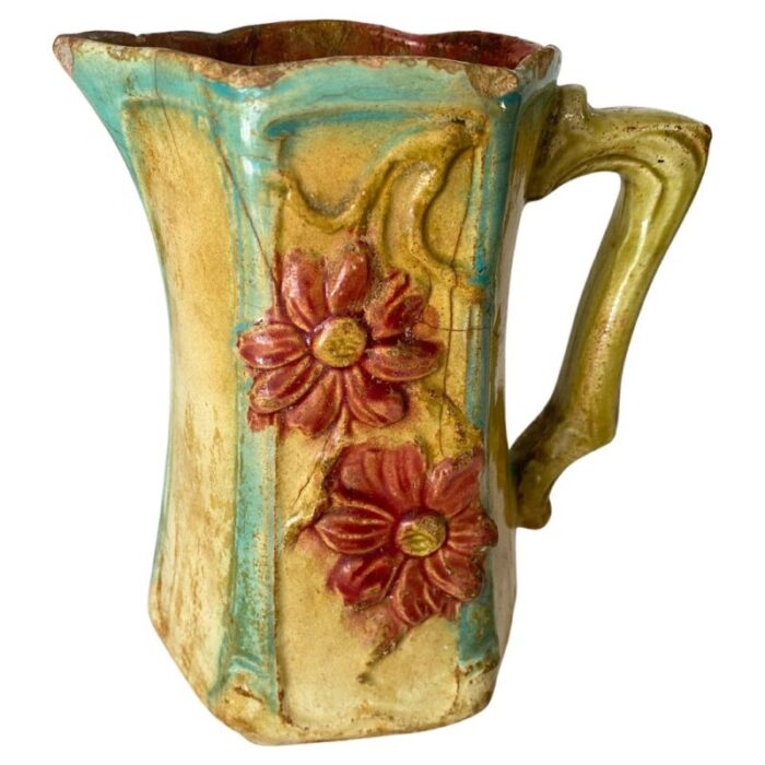 majolica pitcher in red and beige colors france 1890s 1