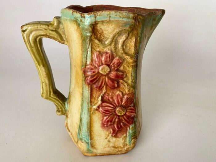 majolica pitcher in red and beige colors france 1890s 2