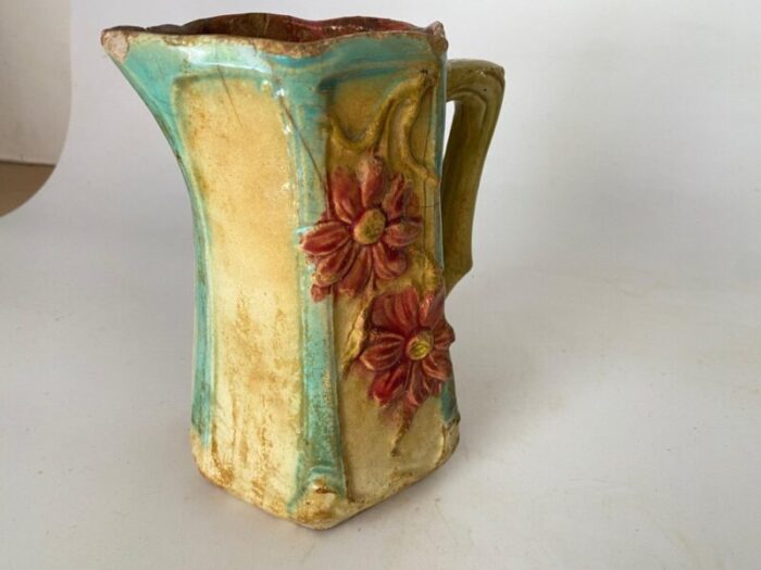 majolica pitcher in red and beige colors france 1890s 7