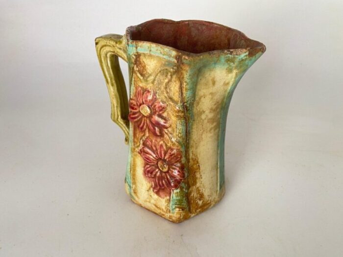 majolica pitcher in red and beige colors france 1890s 8