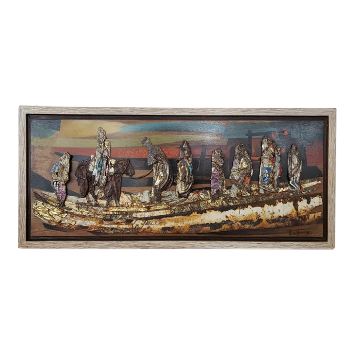 mederic matherne signed joseph and mary seeking lodging in the holy land metalpaint framed collage art circa 1970 9726