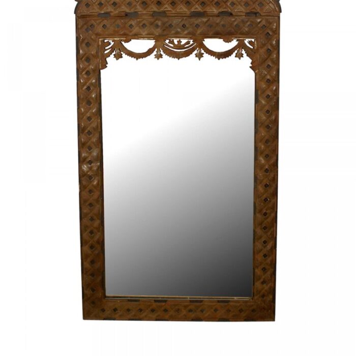 mexican stamped metal and ebonized wood pediment top wall mirror 0212