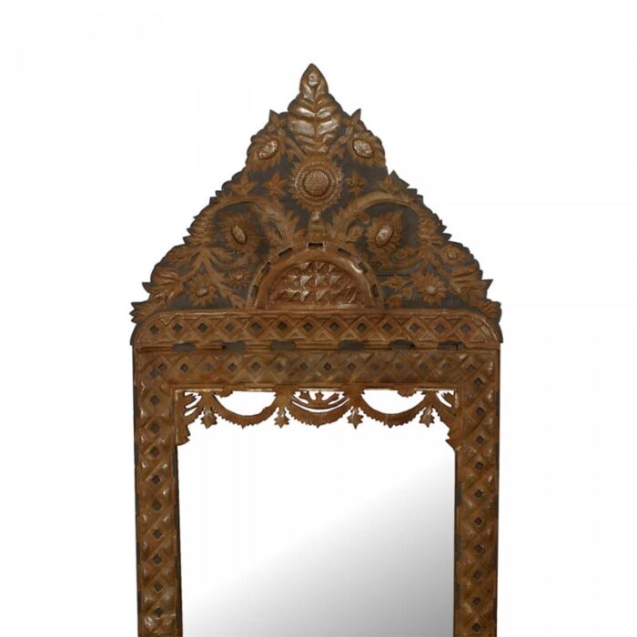 mexican stamped metal and ebonized wood pediment top wall mirror 3385