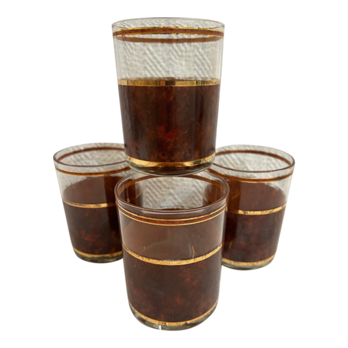 mid 20th century culver faux tortoise banded double old fashioneds or rocks glasses set of 4 6487