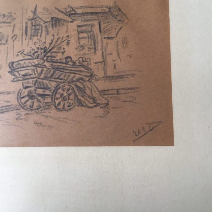 mid 20th century wheelbarrow with flowers framed impressionist graphite drawing signed by artist 0029