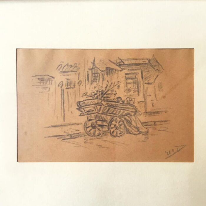 mid 20th century wheelbarrow with flowers framed impressionist graphite drawing signed by artist 1759