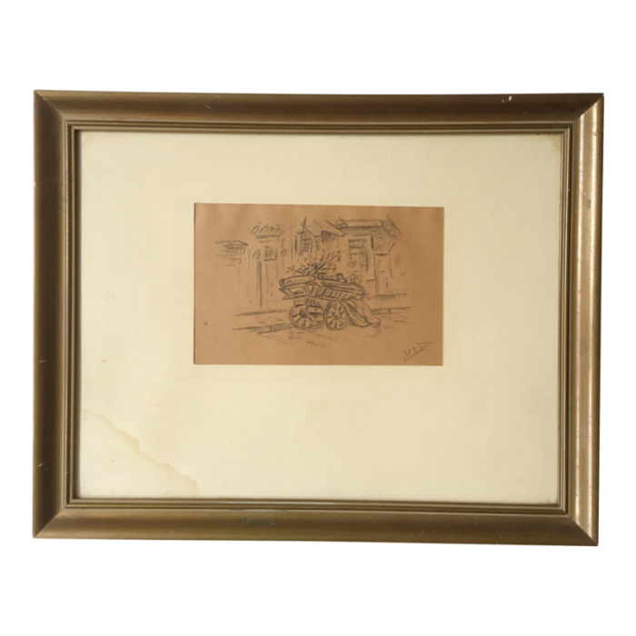 mid 20th century wheelbarrow with flowers framed impressionist graphite drawing signed by artist 6230