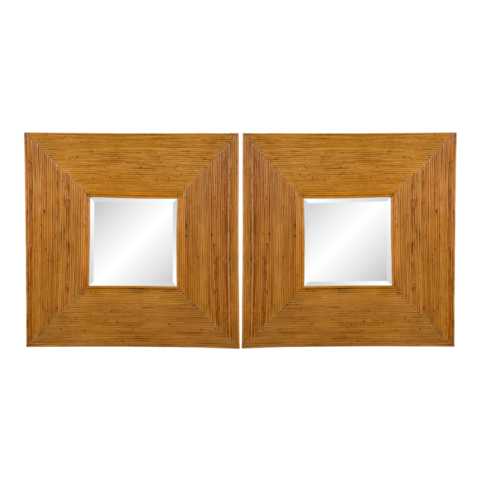 mid century bohemian square pencil reed framed wall mirrors a pair 5549