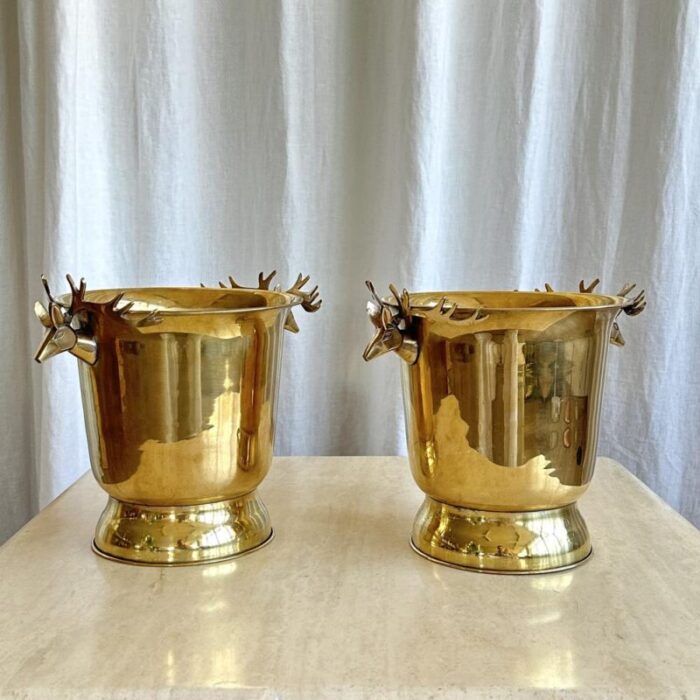 mid century brass ice buckets with deer sculpted handles 1960s 5238