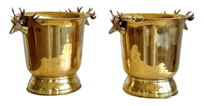 mid century brass ice buckets with deer sculpted handles 1960s 7375