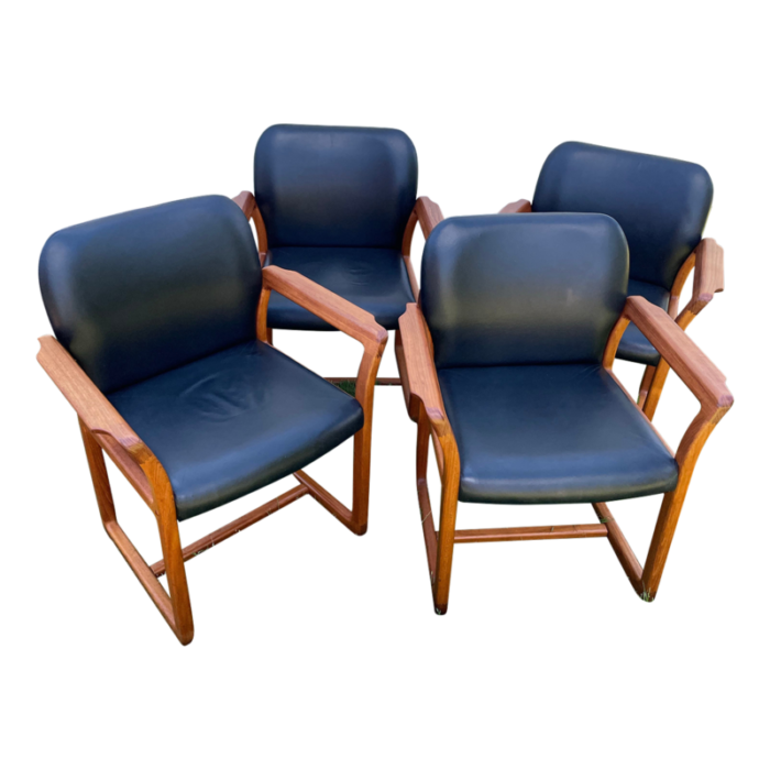 mid century danish modern teak and black leather dining arm chairs by benny linden set of 4 3972