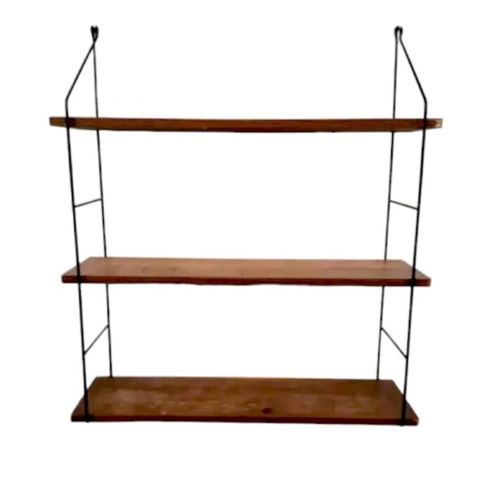 mid century danish shelving unit with three wood stands and metal rack 3536