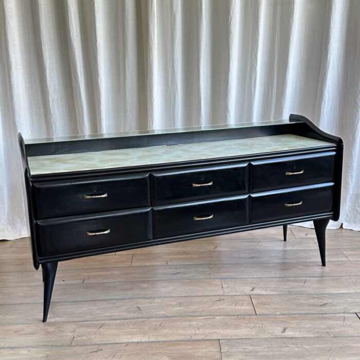 mid century italian black lacquered sideboard with marble pattern glass top 1950s 1090