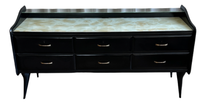 mid century italian black lacquered sideboard with marble pattern glass top 1950s 5232