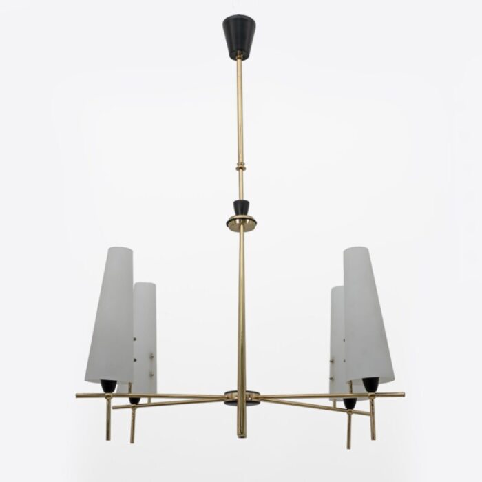 mid century italian modern brass and opaline glass chandelier in the style of stilnovo 1960 0413