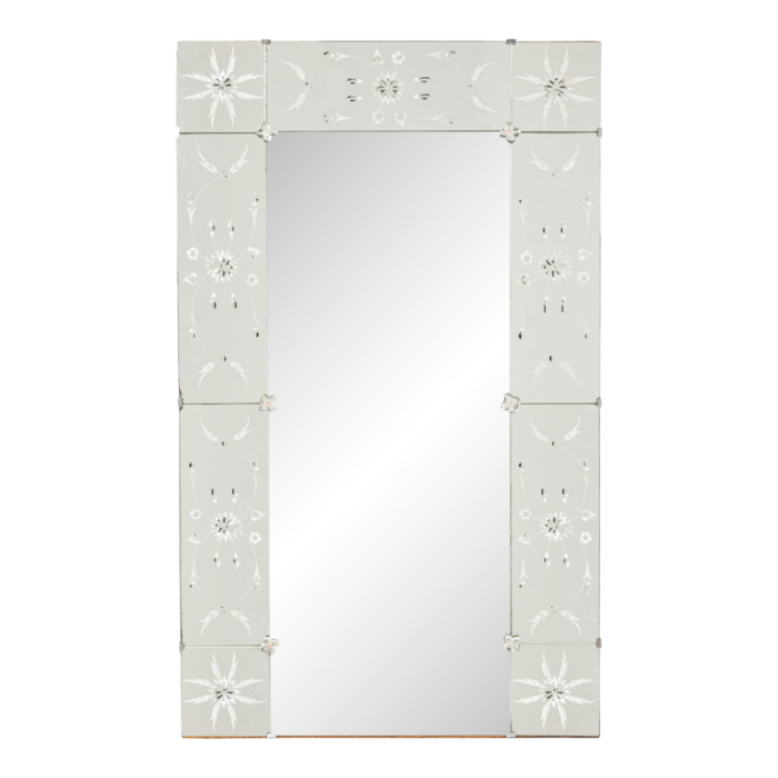 mid century italian rectangular wall mirror with etched glass floral border 7498