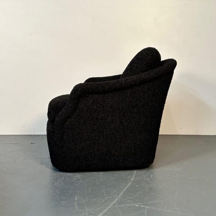 mid century modern black boucle tub swivel lounge chair faux fur 1068