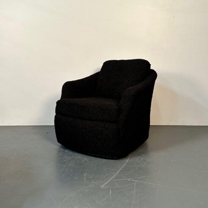 mid century modern black boucle tub swivel lounge chair faux fur 1119