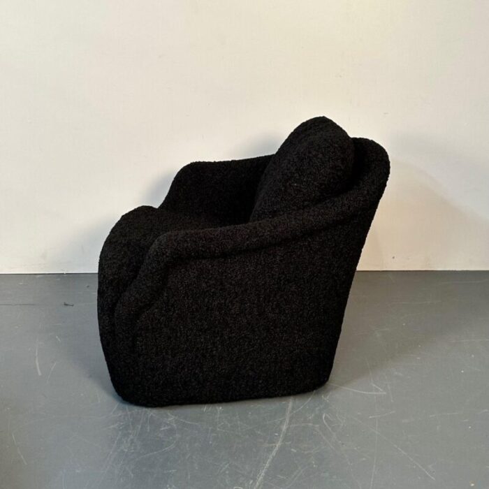 mid century modern black boucle tub swivel lounge chair faux fur 2237