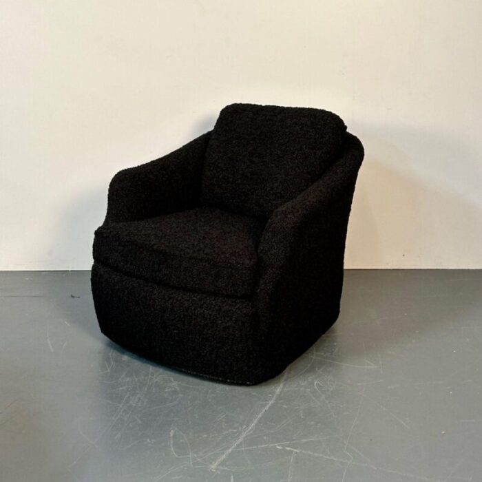 mid century modern black boucle tub swivel lounge chair faux fur 5445