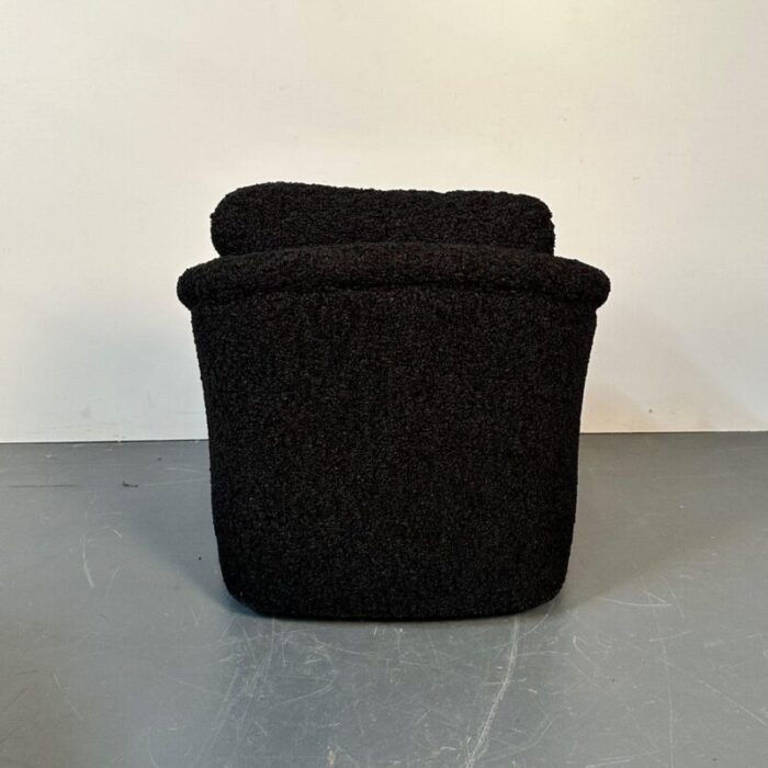 mid century modern black boucle tub swivel lounge chair faux fur 5591