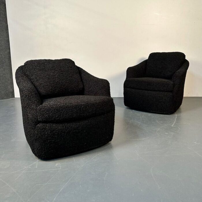 mid century modern black boucle tub swivel lounge chair faux fur 6307