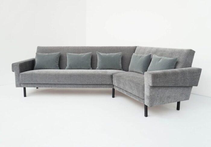 mid century modern sofa in lead gray fabric with feather and velvet cushions in the style of george nelson for knoll inc knoll international 1968 0544