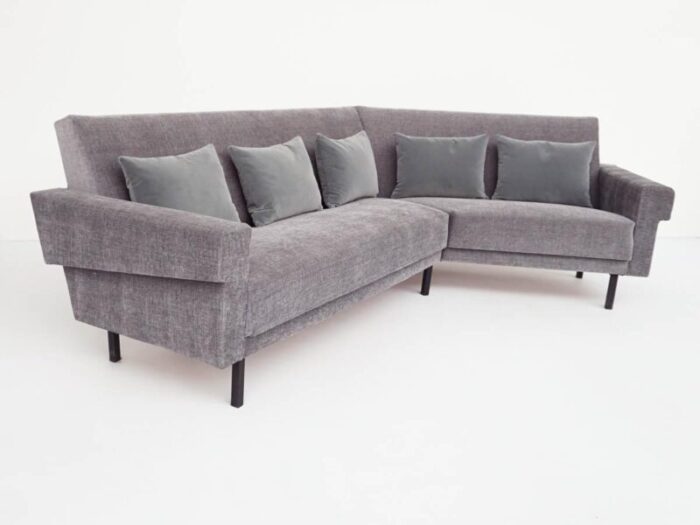 mid century modern sofa in lead gray fabric with feather and velvet cushions in the style of george nelson for knoll inc knoll international 1968 2724