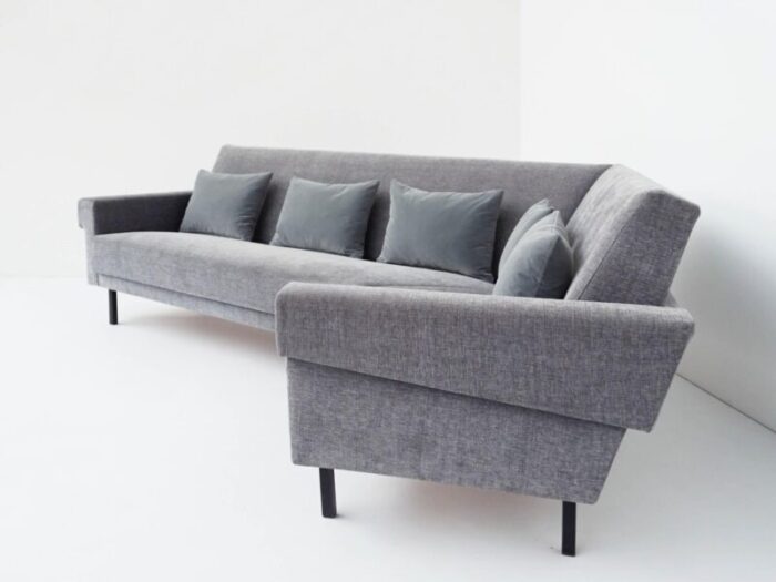 mid century modern sofa in lead gray fabric with feather and velvet cushions in the style of george nelson for knoll inc knoll international 1968 7588