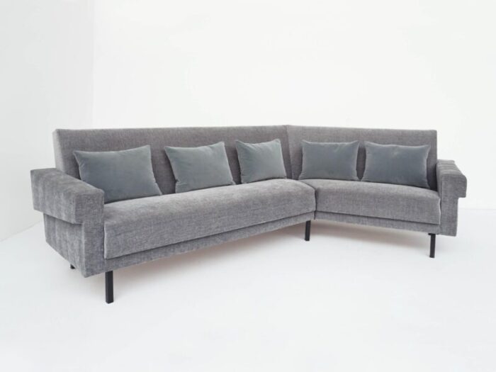 mid century modern sofa in lead gray fabric with feather and velvet cushions in the style of george nelson for knoll inc knoll international 1968 8326