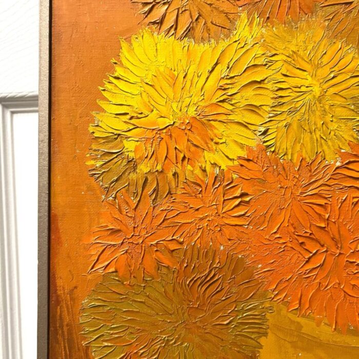 mid century orange flower painting oil on board sign hh 0057