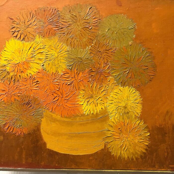 mid century orange flower painting oil on board sign hh 0751