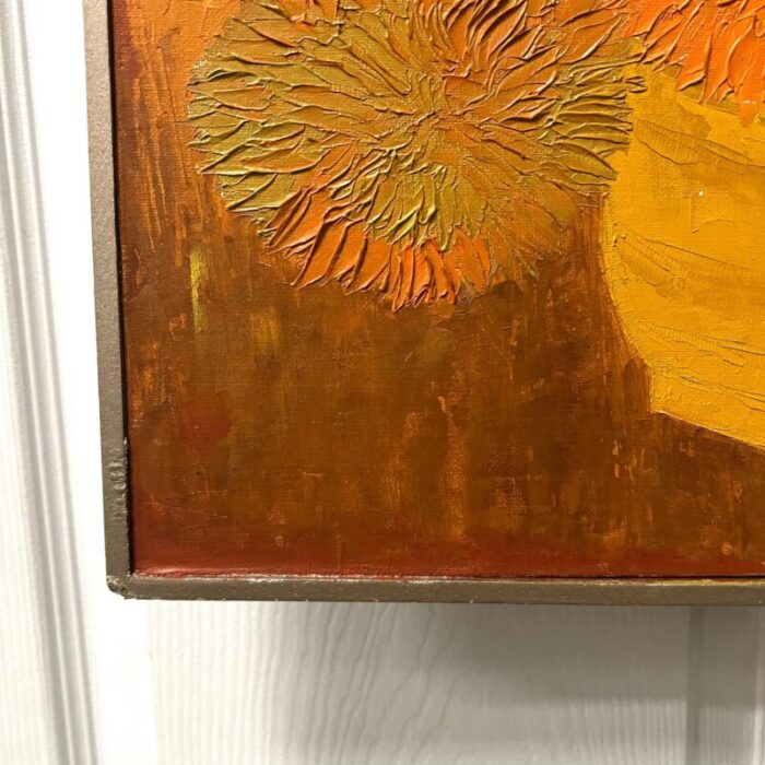 mid century orange flower painting oil on board sign hh 1251