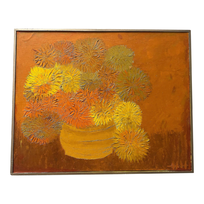 mid century orange flower painting oil on board sign hh 2879