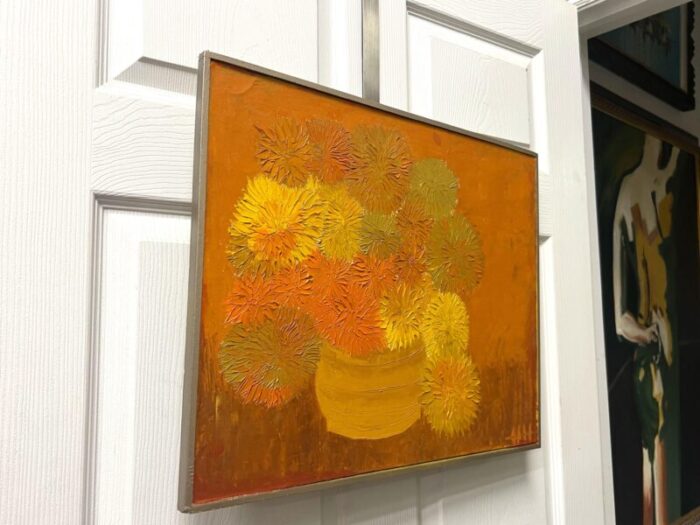 mid century orange flower painting oil on board sign hh 3077